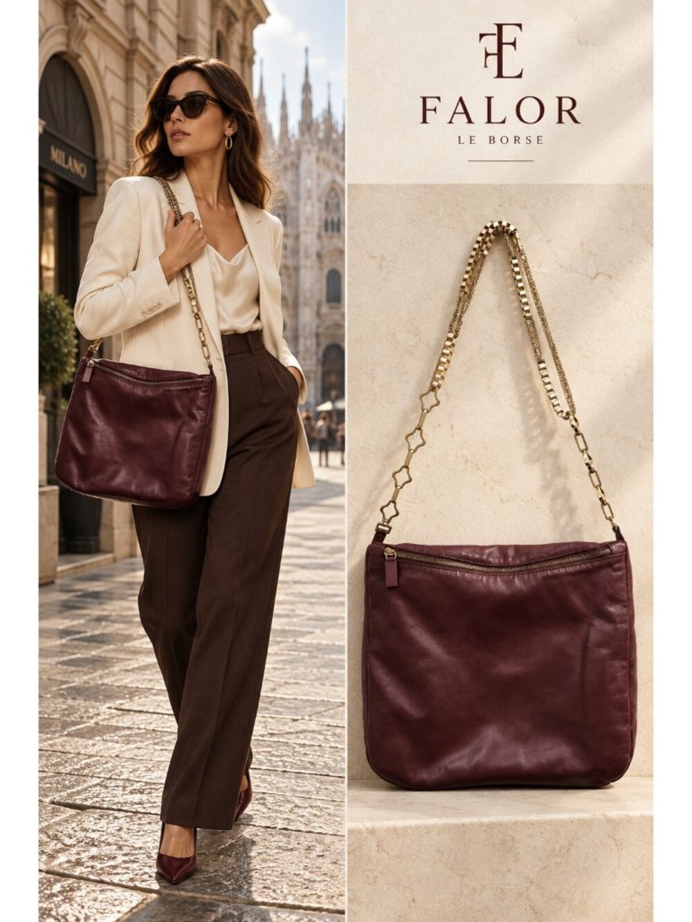 FALOR Le Borse Burgundy Leather Shoulder Bag Gold Chain Made in Italy